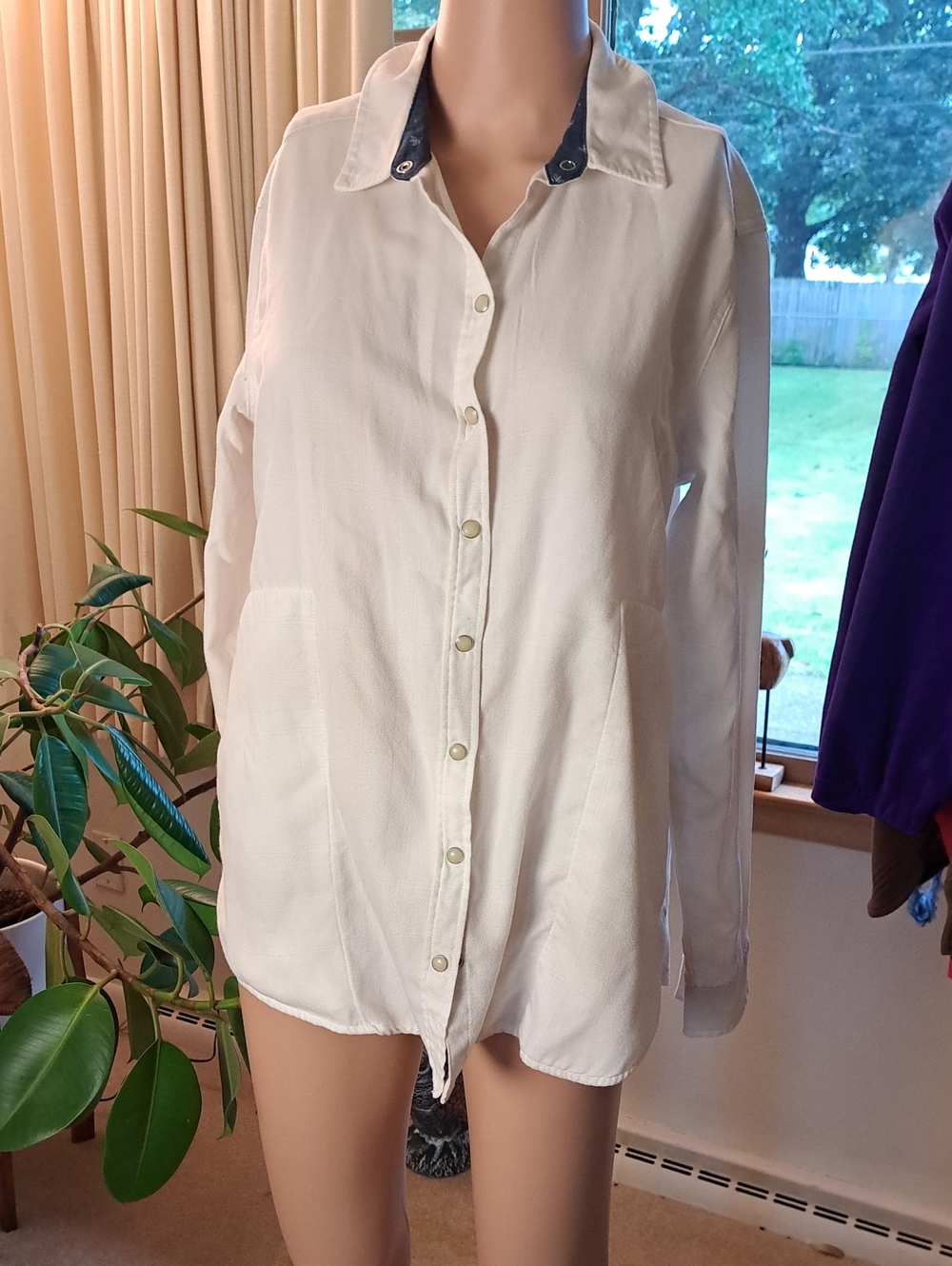 JACHS Girlfriend Cream Button-Down Shirt with Navy Inner Collar Ptp 20"